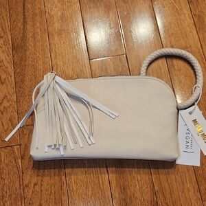 Metro Muse Vegan Leather Wristlet Clutch Cream Beige Braided Handle